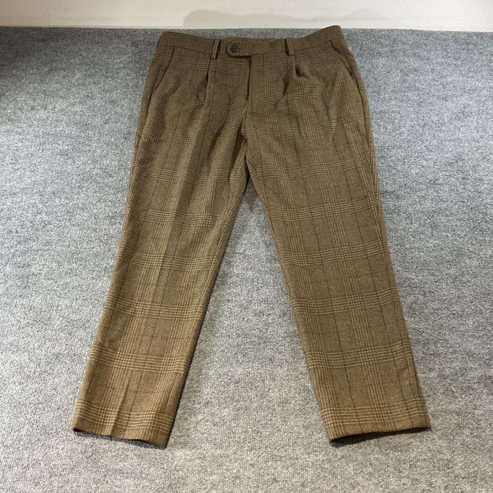 Banana Republic Mens Brown Plaid Wool Blend Pleated Trousers 34x32 Dress Pants